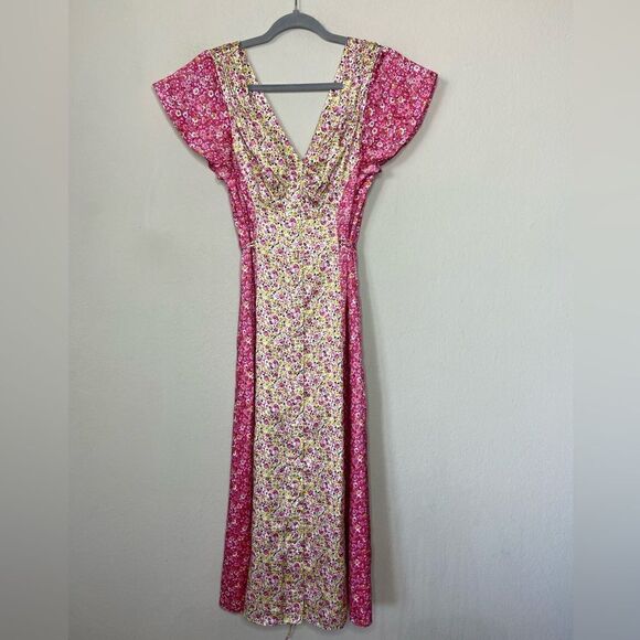 Cinq à Sept Jessica Midi Pink Yellow Dress Floral Stripe Wrap Size 0 - Picture 8 of 11